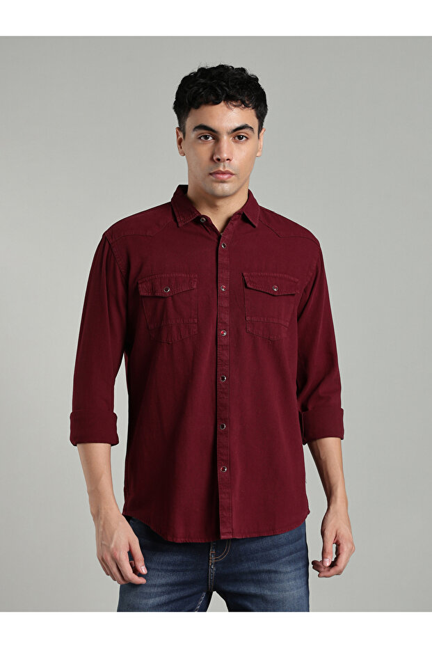 Burgundy Denim Double Pocket Shirt