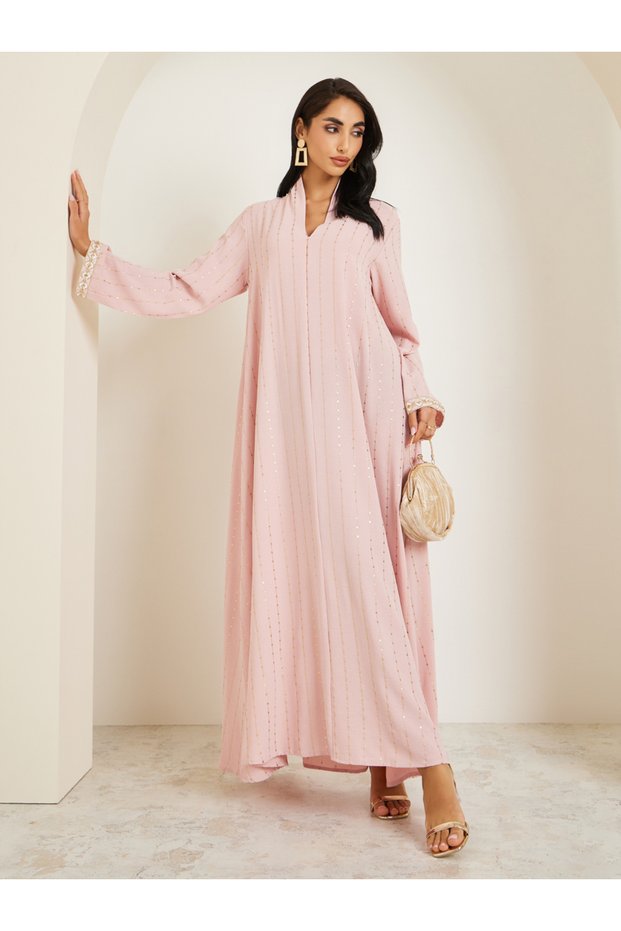 Women Foil Print Jalabiya with Lace Sleeve