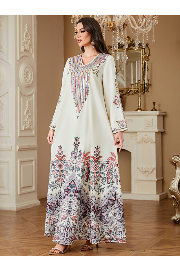 Women Floral Printed Sequins Embellished Jalabiya