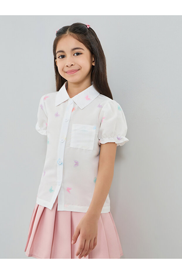 Girls White Butterfly Print Puff Sleeve Top