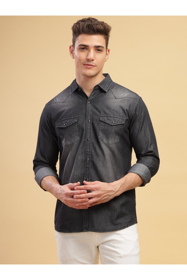 Men Black Faded Denim Shirt with Pocket