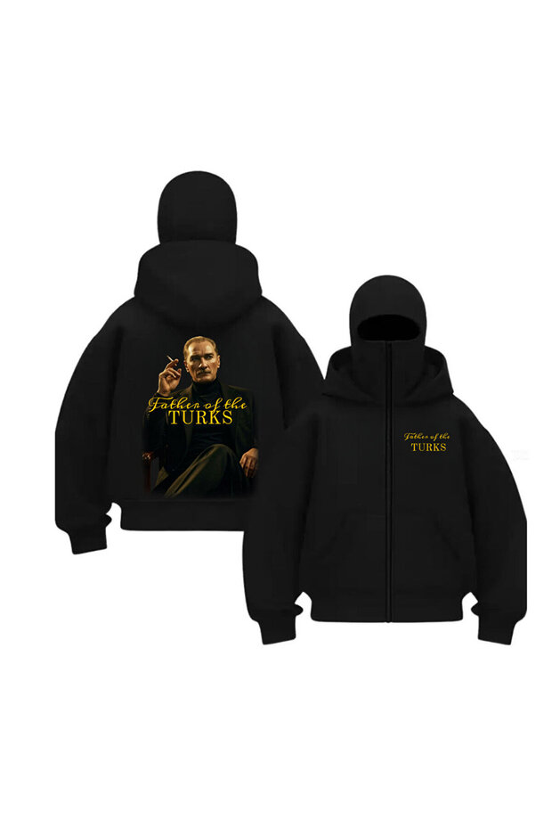 Atatürk Series Printed Unisex Hooded Zippered Oversized Black Sweatshirt with Balaclava
