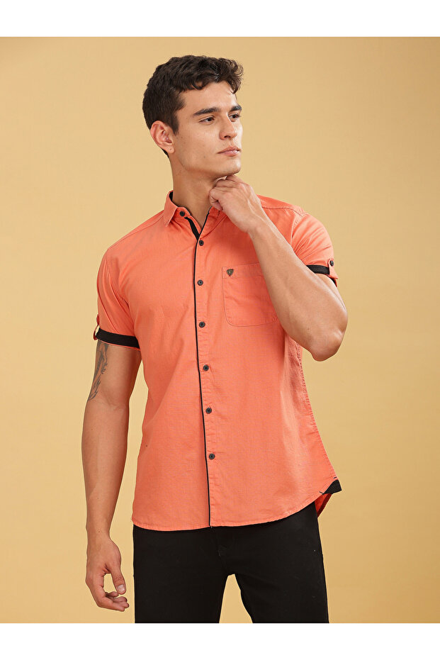 Men Orange Linen Blend Short Sleeve Shirt