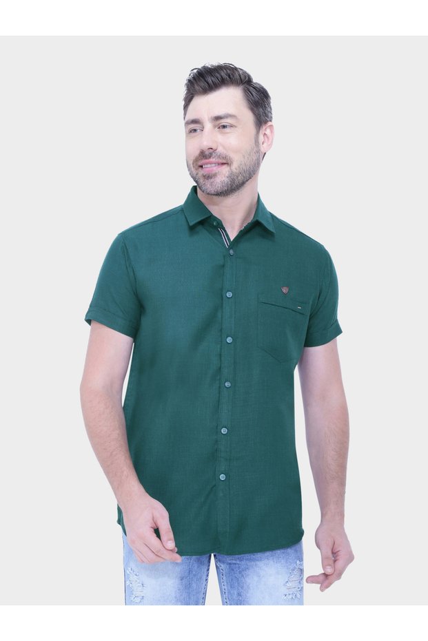 Men Green Linen Blend Short Sleeve Shirt