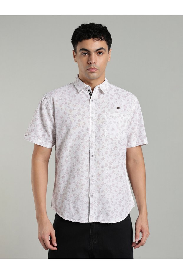 Men White Leaf Print Linen Cotton Shirt