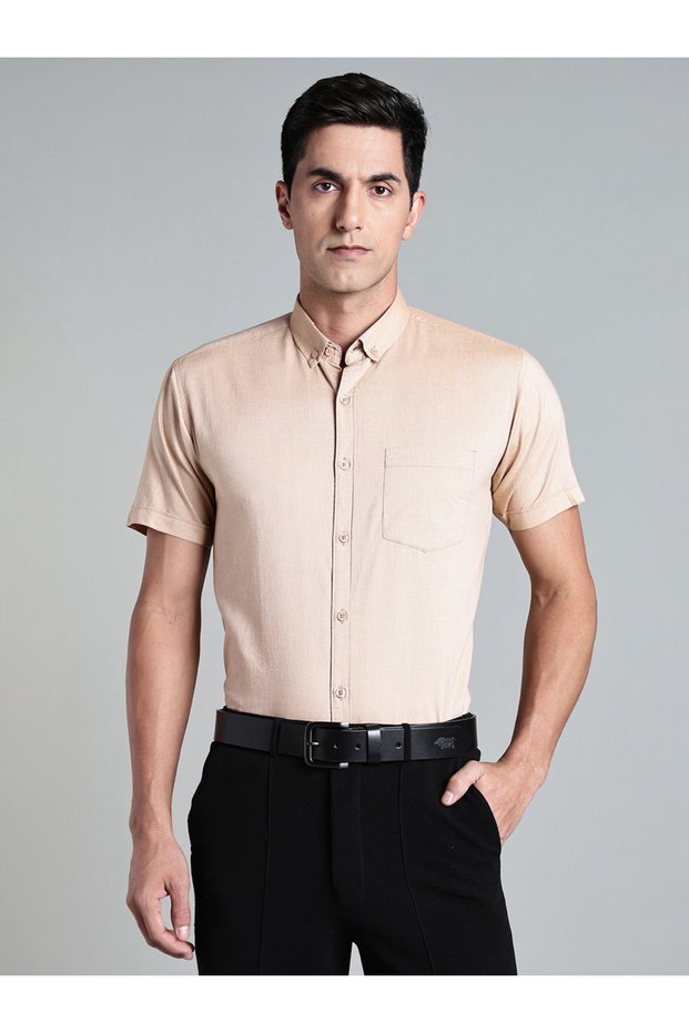 Men Beige Short Sleeve Oxford Shirt