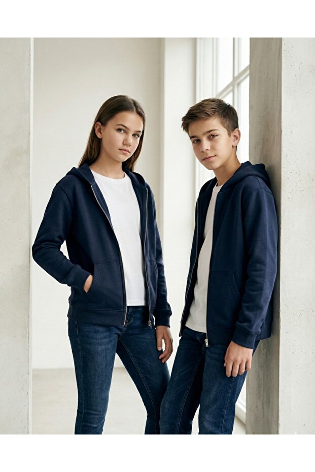 Kids Premium 100% Cotton 3 Thread Navy Blue Soft Textured Winter Children's K Hooded Cardigan 7-14 Years