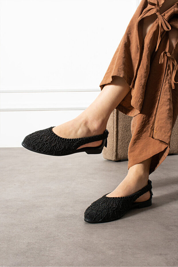 Women's Lace Detailed Backless Comfortable Knitted Embroidered Straw Ballet Flats