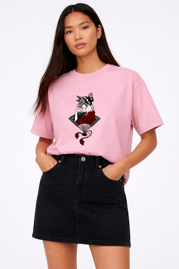 Woman with Cat Mask Printed Oversized Unisex Cotton Pink Tshirt - T-Shirt