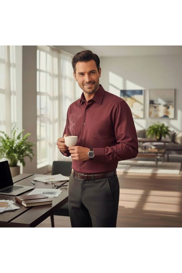 Men's Classic Wide Cut Plain Self Patterned Long Sleeve Shirt