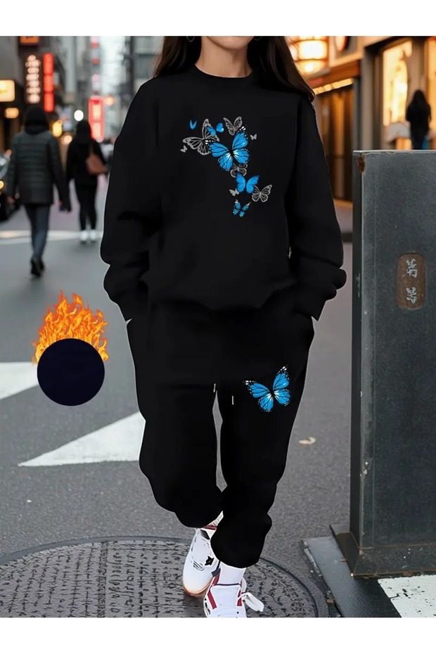 Women's Butterfly Flower Printed Crew Neck Top Jogger Pants Tracksuit Set Oversized