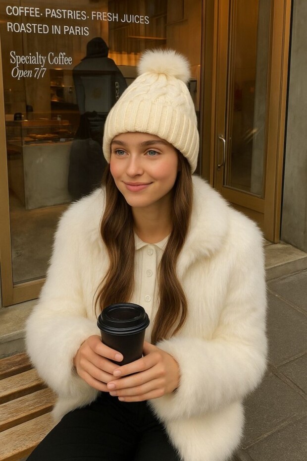 Beige Beanie with Fur Fleece Inside and Pompom