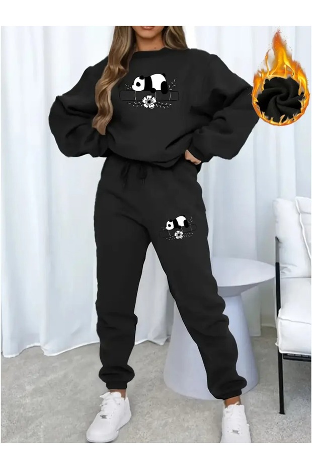 طقم بدلة رياضية نسائية من Cute Panda مطبوع برقبة دائرية قصة فضفاضة