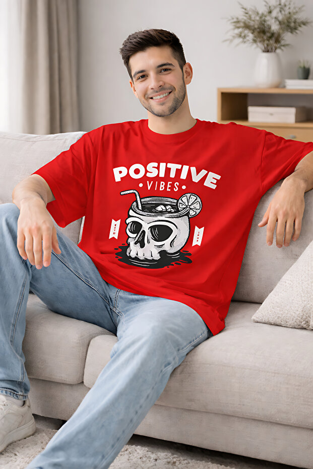 تي شيرت قصة فضفاضة مطبوع عليه POSITIVE VIBES للجنسين