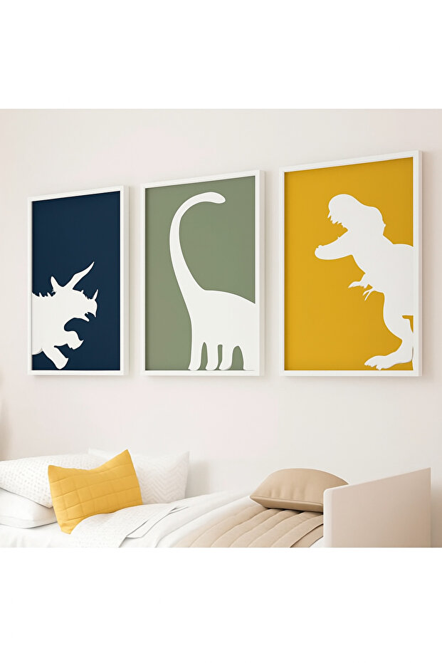 Laminated Framed Pvc Protected 3-Piece Dinosaur Patterned Uv Printing Mdf Wall Painting Set