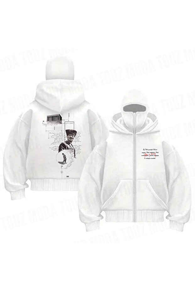 Atatürk Series Printed Unisex Hooded Zippered Oversized Black Sweatshirt with Balaclava