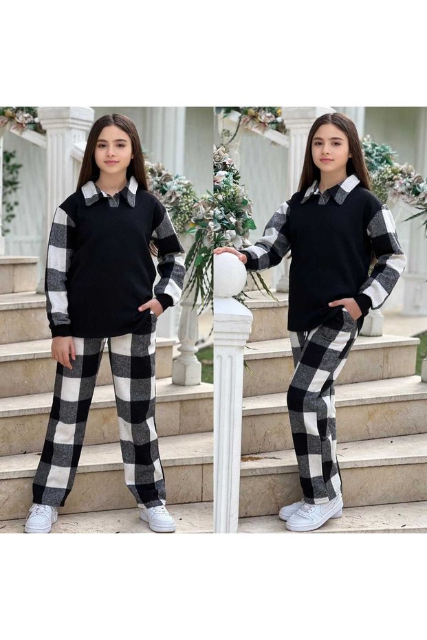 Girl's Shirt Collar Plaid Sweatshirt and Trousers Two-Piece Cashmere Set