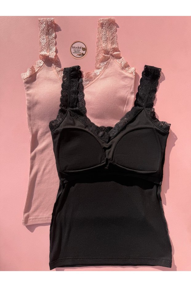 Women's Modal Camisole V-Neck Bra-Lined Lace Tank Top Blouse 2-Piece Set – Powder, Black