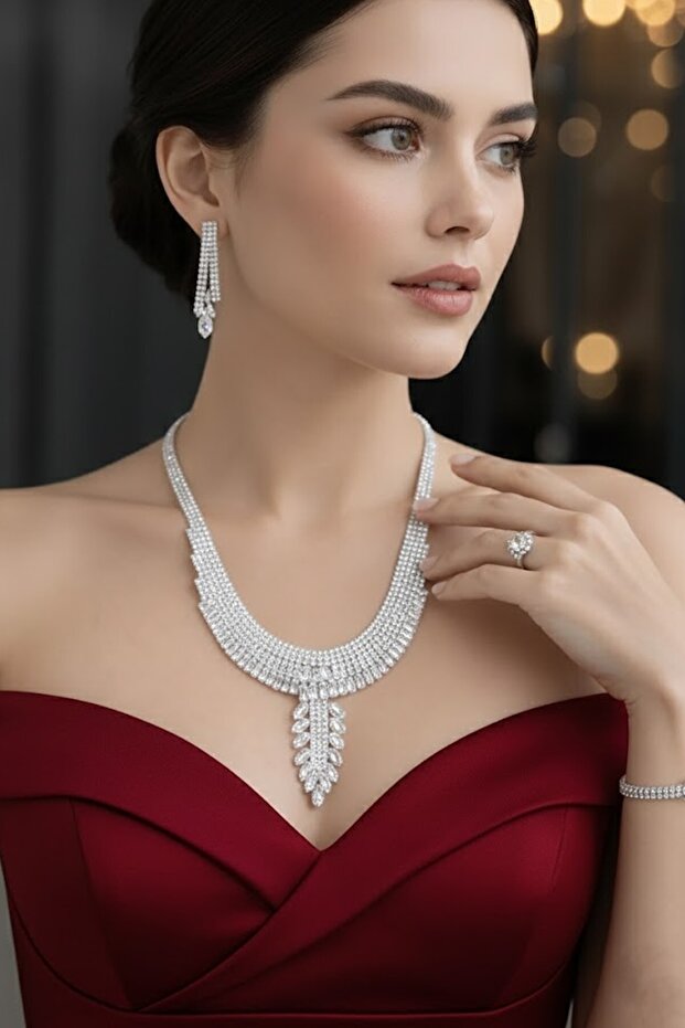 Silver Color Stone 4-Piece Evening Dress Set