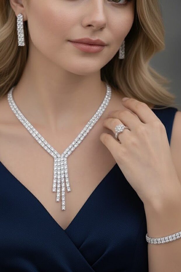 Silver Color Stone 4-Piece Evening Dress Set