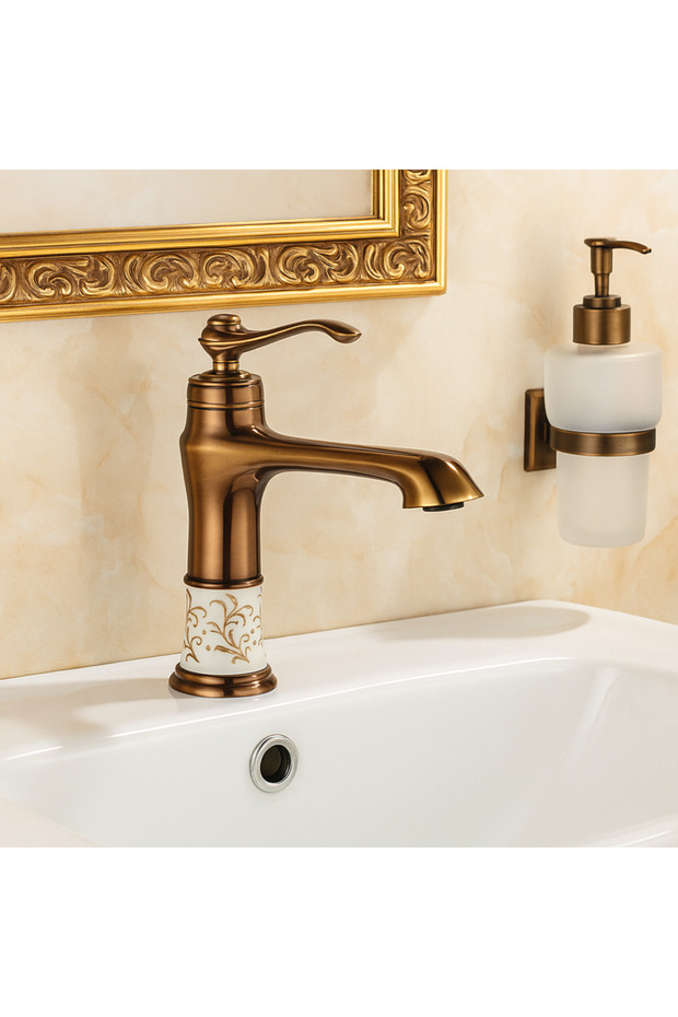 Saray Rose Gold Copper Sink Faucet – Ceramic Patterned Body, Luxurious Appearance, Water-Saving