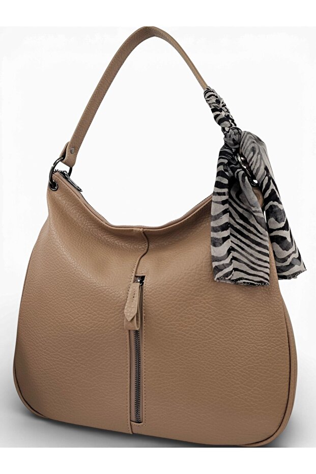 Sand Beige Soft Textured Women's Shoulder Bag with Scarf Detail