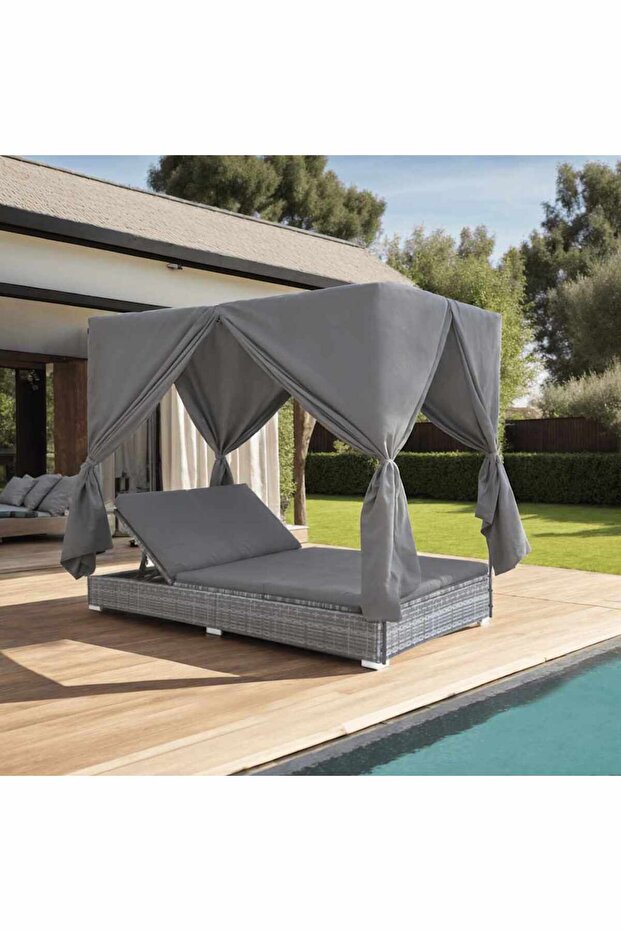 Outdoor Lounge Bed with Curtains Poly Rattan Grey