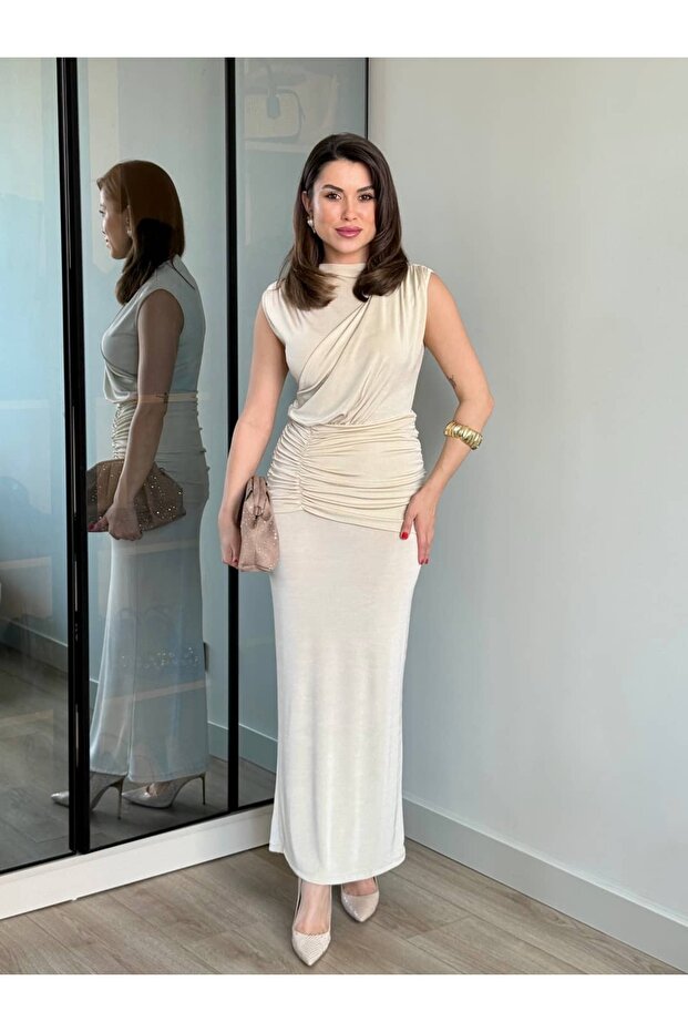 Drape Detay Uzun Elbise - 1