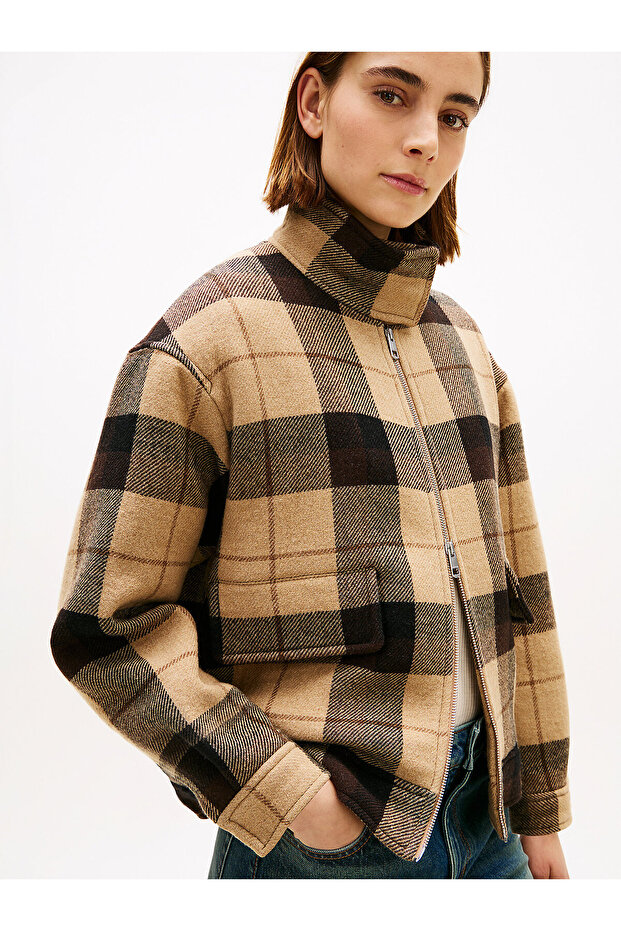 Check Wool Blend Relaxed Harrington Jacket - 3