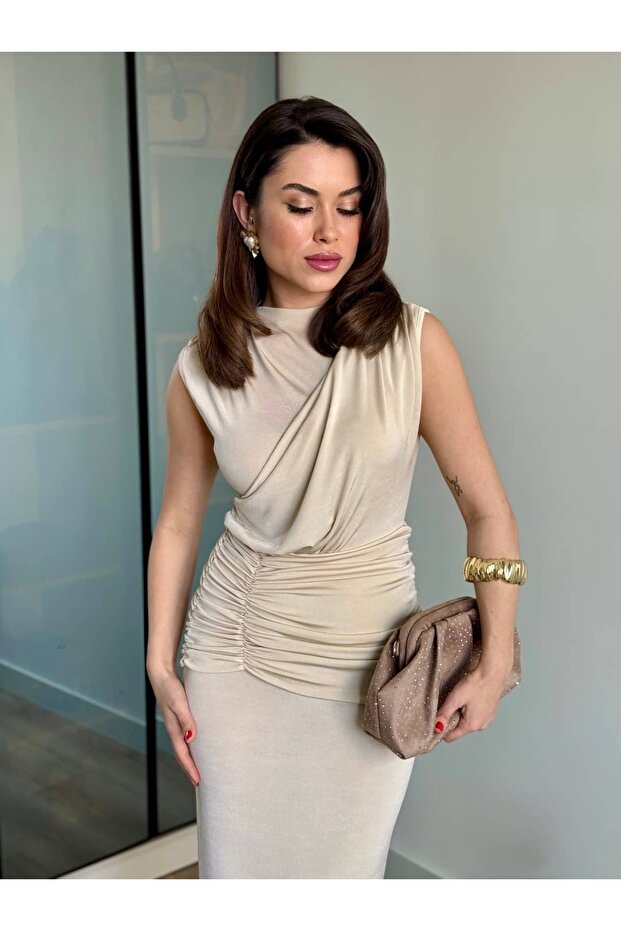 Drape Detay Uzun Elbise - 4