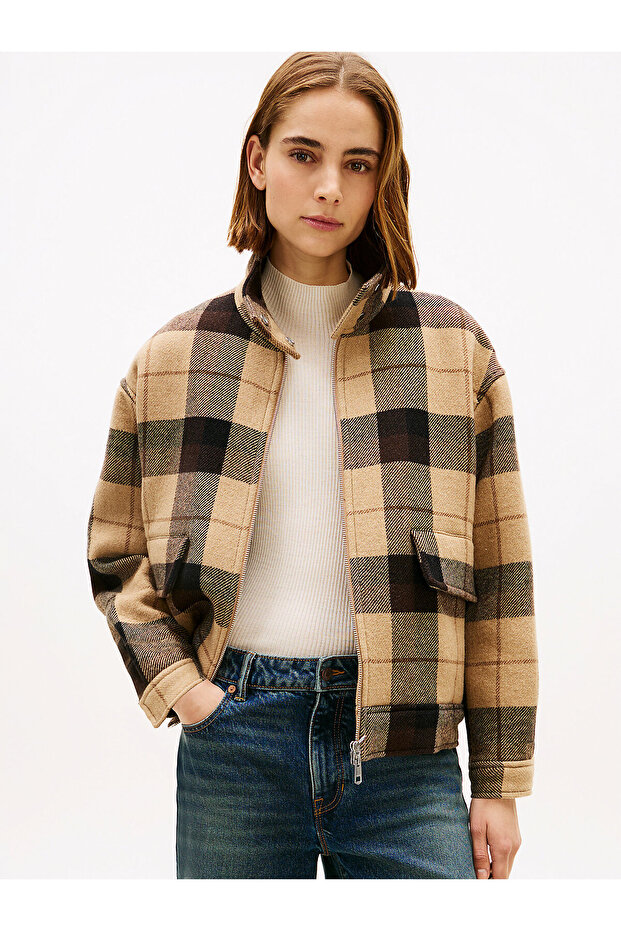Check Wool Blend Relaxed Harrington Jacket - 1