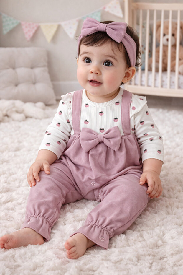 Baby Girl Strawberry Patterned Long Sleeve Bodysuit Strappy Bow Romper Set with Bandana