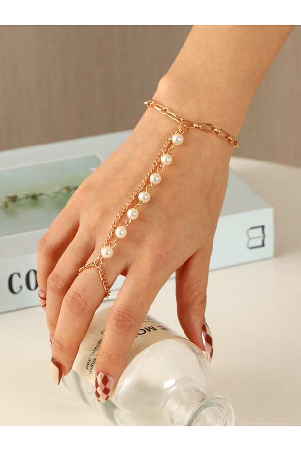 Faux Pearl Decor Hand Chain Ring Bracelets