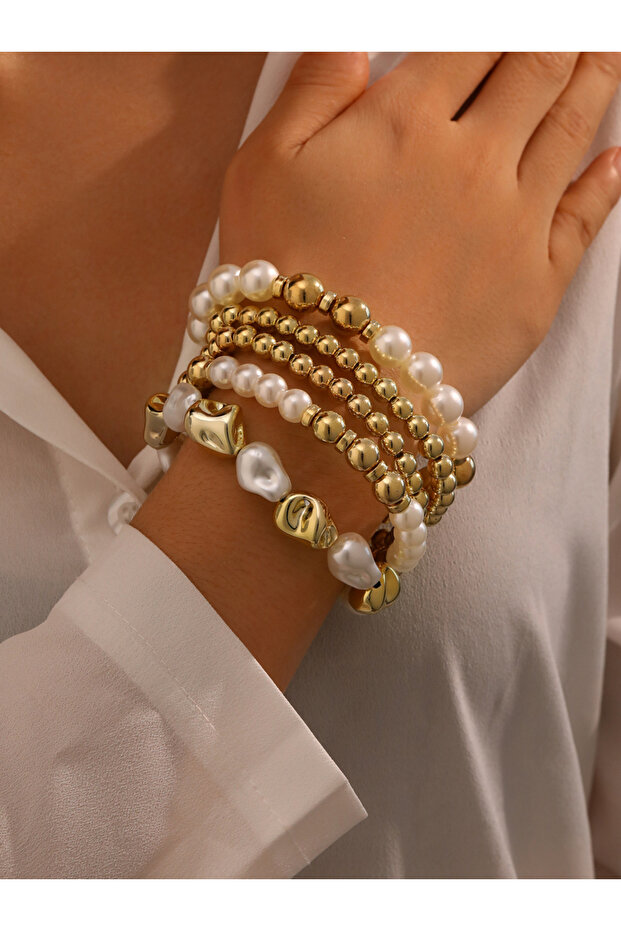 Set of 5 - Faux Pearl Beaded Bracelets