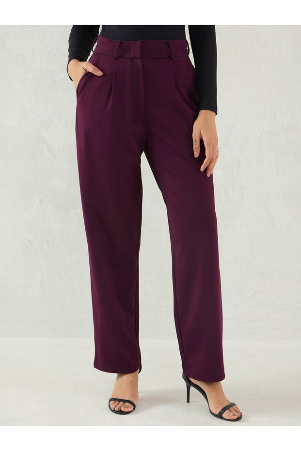 Women Burgundy Wide Leg Trousers