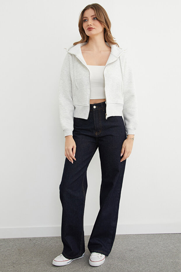 Basic Fermuarlı Kapüşonlu Crop Sweatshirt - 3