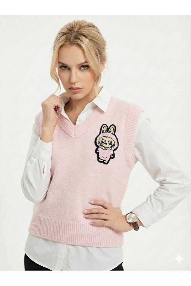 Women's regular cut v-neck embroidered sleeveless sweater 4858