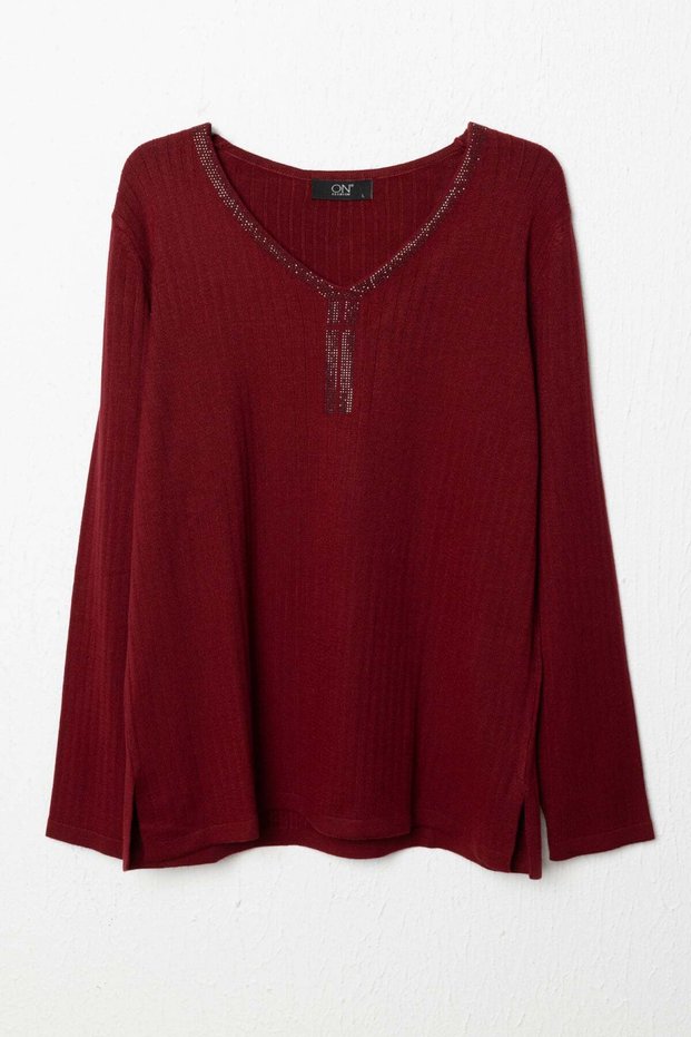 V-Neck Stone Embroidered Knitwear Sweater