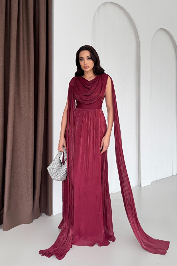 Burgundy Drapey Chiffon Cape Sleeve Long Evening Dress