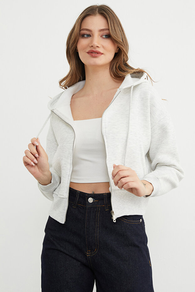 Basic Fermuarlı Kapüşonlu Crop Sweatshirt - 4