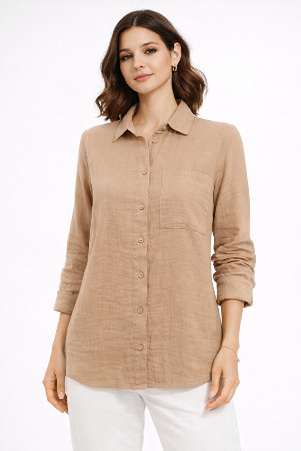 Women's Beige Muslin Shirt – Buttoned, with Pockets, Comfortable Fit, Daily Use -