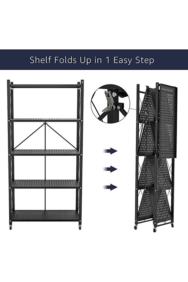 رف تخزين قابل للطي سميك بخمس طبقات مزود بعجلات، ورف ذو سعة كبيرة - 8