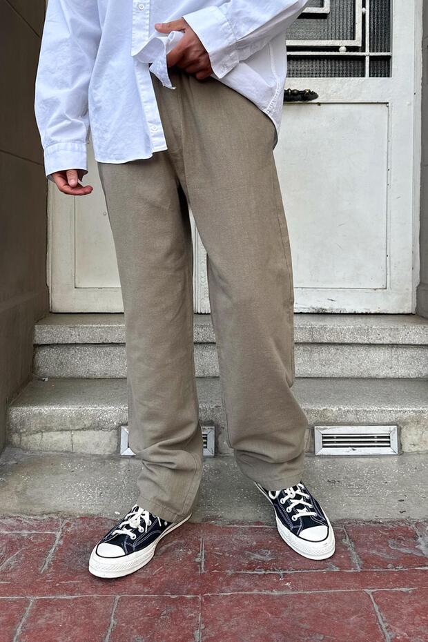 Elastic Waist Embroidery Detail Trousers Khaki