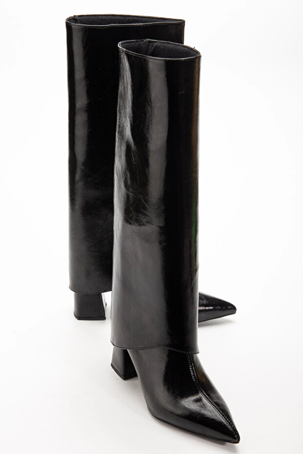 Women's detachable gaiter detail pointed-toe black crinkled patent leather boots