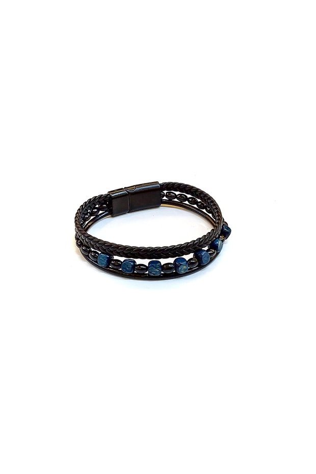 Blue Stone Chain – Navy Blue Natural Stone Detailed Multi-Layered Black Leather Men's Bracelet-1437