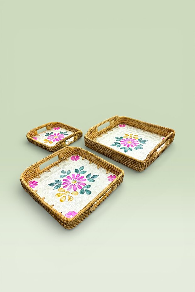 3-Piece Pearlescent Glass Rattan Tray Brown 28X28 25X25 18X18