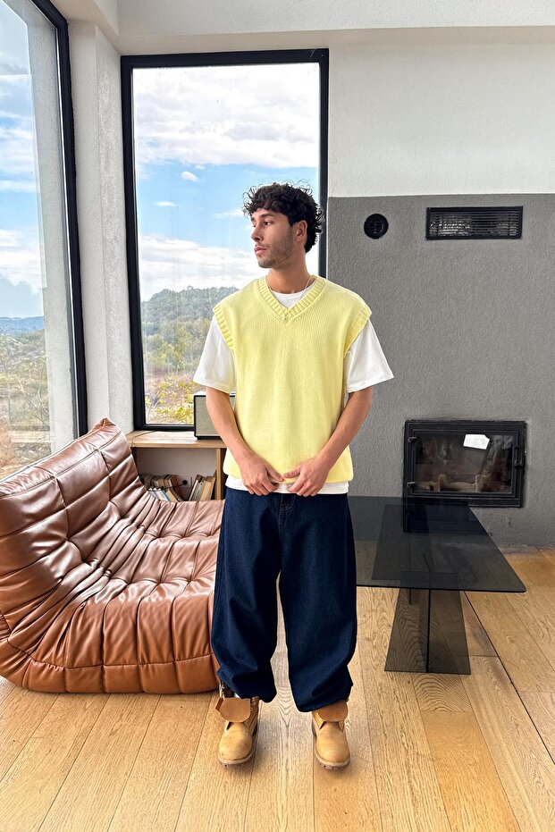 V Yaka Basic Süveter Sarı - 3