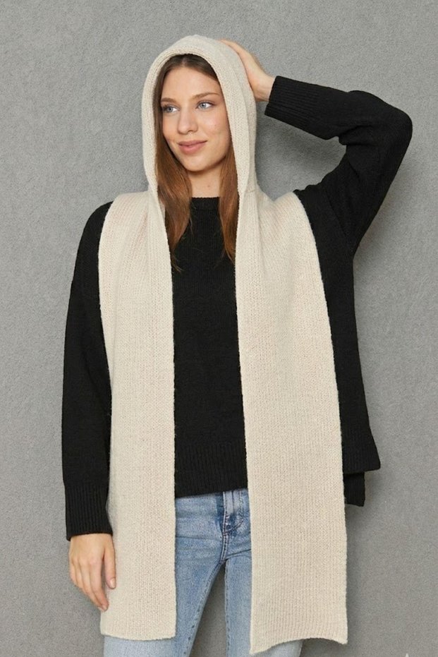 Women's Soft Textured Hooded Scarf Thessaloniki Knitted Hooded Shawl 13038 Beige