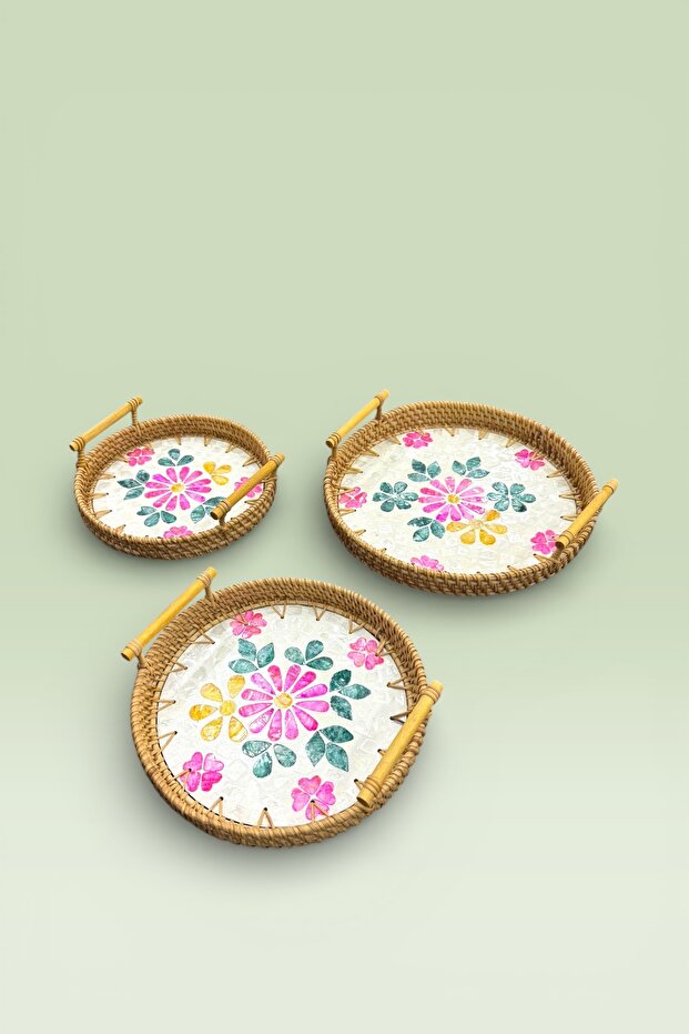 3-Piece Pearlescent Glass Rattan Tray Brown 28cm 24cm 22cm