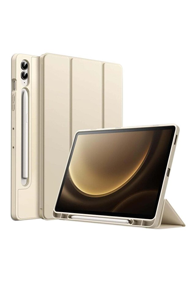 Case for Samsung Galaxy Tab S9 FE+ / S9 FE Plus 12.4-Inch – Soft TPU Tri-Fold Stand Protective Cover with S Pen Holder, Auto Wake/Sleep, S Pen Charging Support (Beige)
